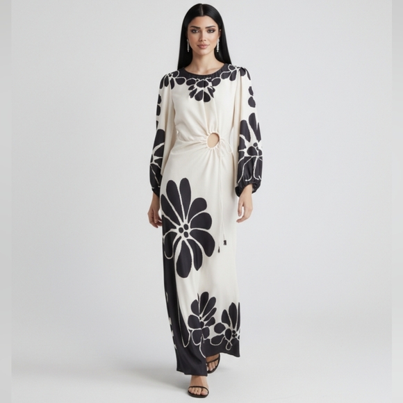 FARM Rio Dresses & Skirts - FARM Rio Palermo Cutout Long Sleeve Maxi Dress in Black/Off-White M Retro NWT